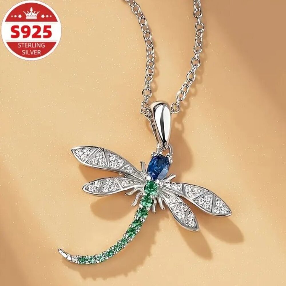 S925 Sterling Silver Dragonfly Pendant Artificially Synthesized Zirconia - Picture 2 of 10